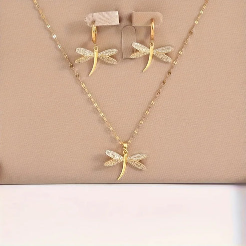 Gold Dragonfly Necklace Set with Complimentary Earrings
