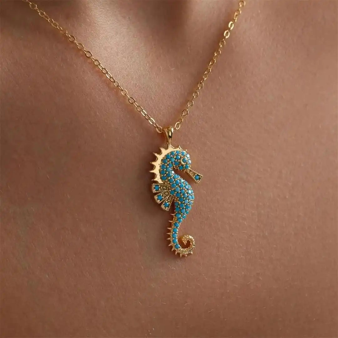 Turquoise Necklace with Gold Seahorse Pendant