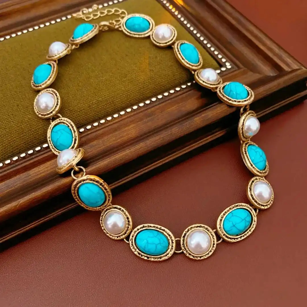 Turquoise and Pearl Retro Gold Statement Jewelry Collection