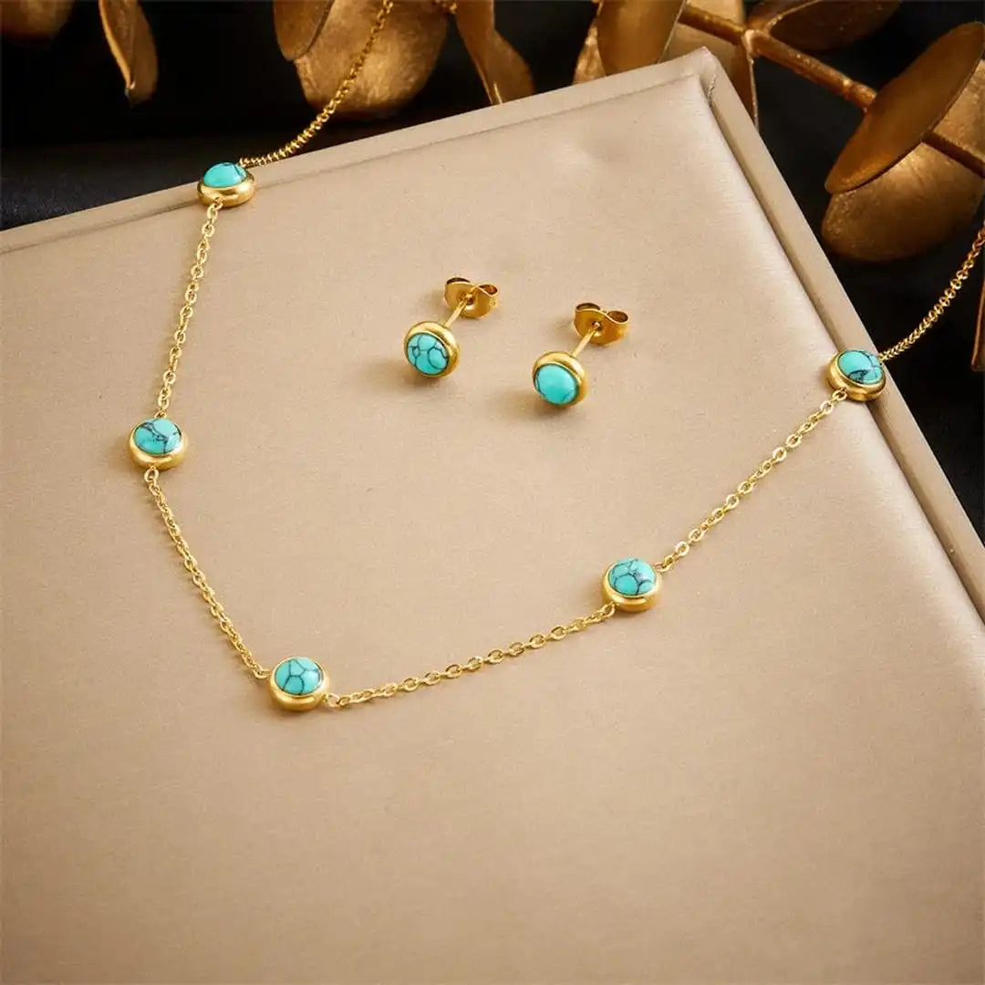 Bohemian-Inspired Silver Jewelry Collection Featuring Turquoise Necklace, Earrings, and Bracelet