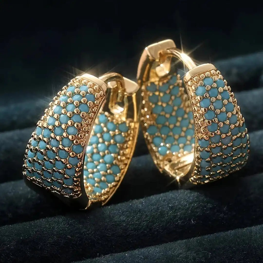 Embellished Turquoise and Gold Floral Hoop Earrings
