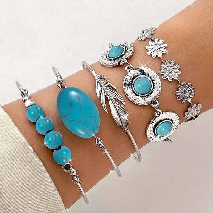 Vintage Turquoise Floral Bracelet Set in Antique Silver
