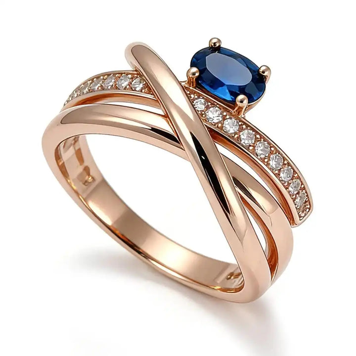Vintage Rose Gold Cross Ring Featuring Blue Cubic Zirconia