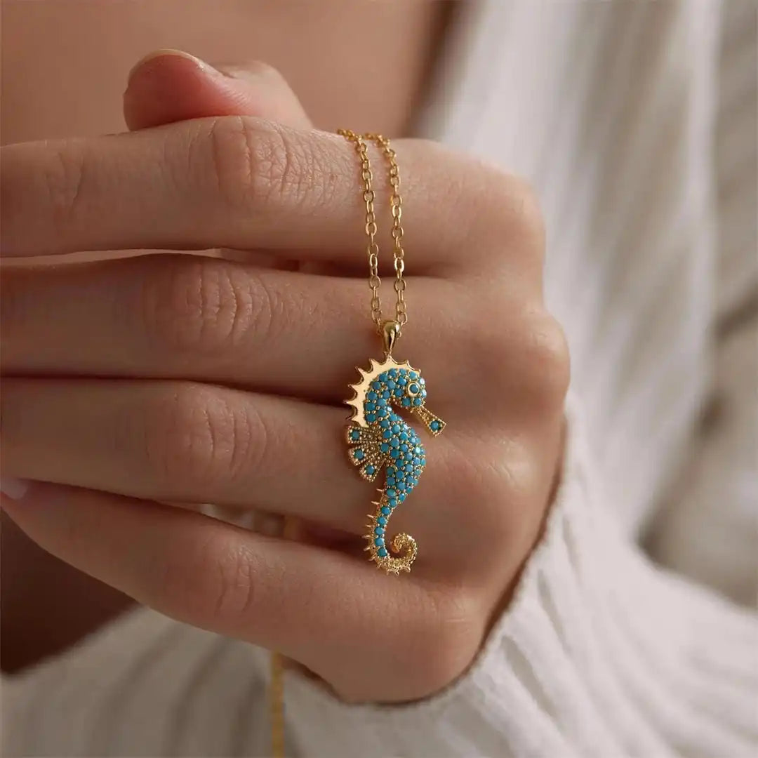 Turquoise Necklace with a Gold Seahorse Pendant Charm