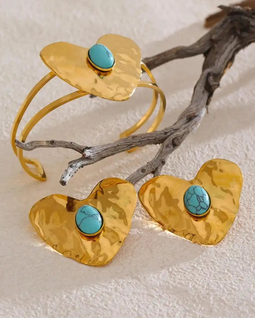 Vintage Gold-Trimmed Turquoise Heart Jewelry Collection: Earrings, Ring & Bracelet