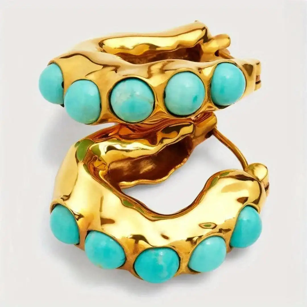 Eye-Catching Carved Hoop Earrings with Turquoise Stone