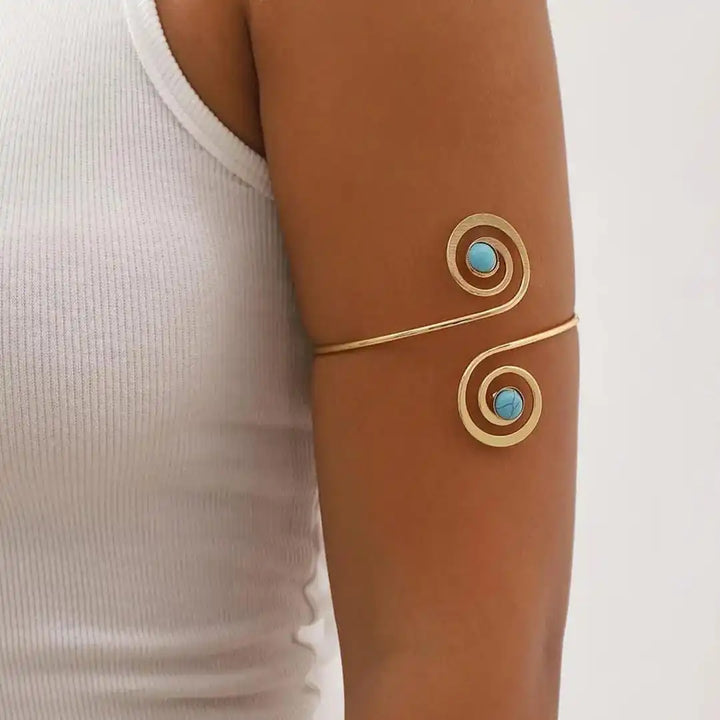 Bohemian-Inspired Silver Arm Cuff Bracelet with Turquoise Crescent Moon Design