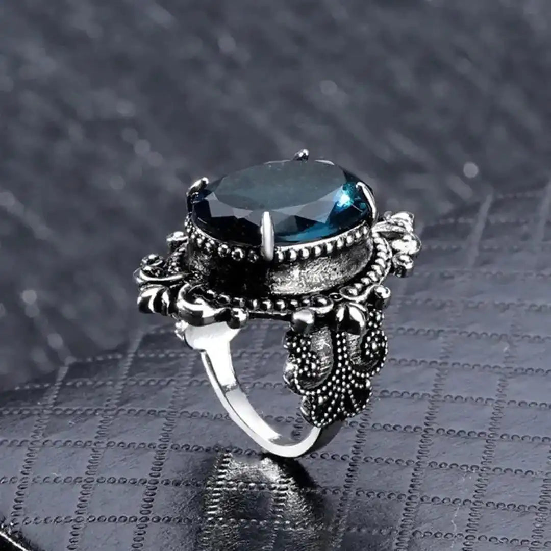 Vintage Silver Oval Blue Zircon Ring