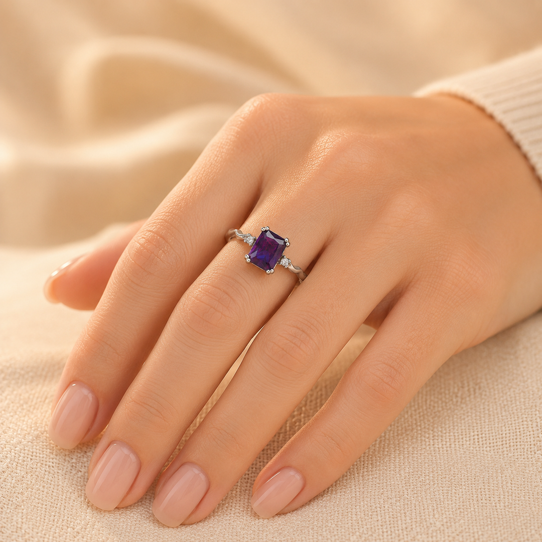 Amethyst Silver Ring Featuring an Emerald Cut Design