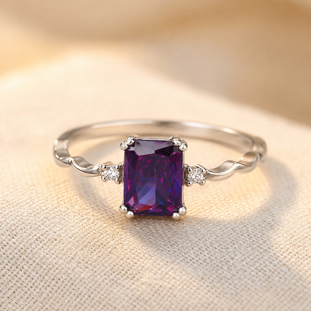 Amethyst Silver Ring Featuring an Elegant Emerald Cut Design