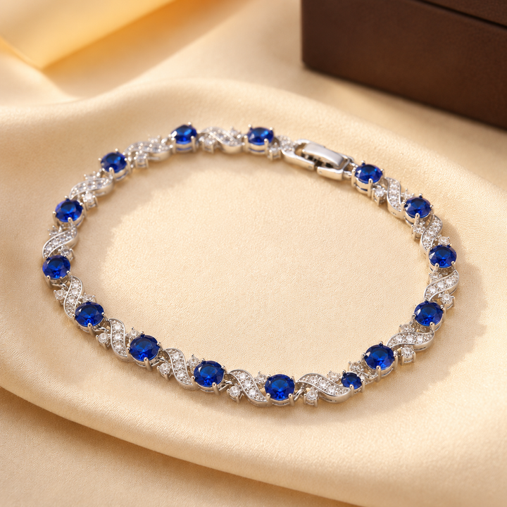 Silver Floral Chain Bracelet with Sapphire Accents