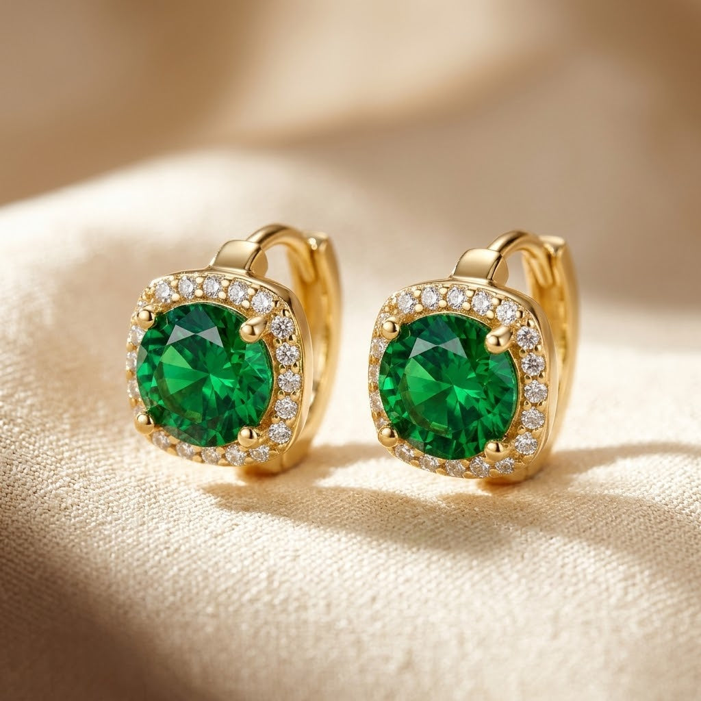 Emerald-Studded Golden Hoop Earrings