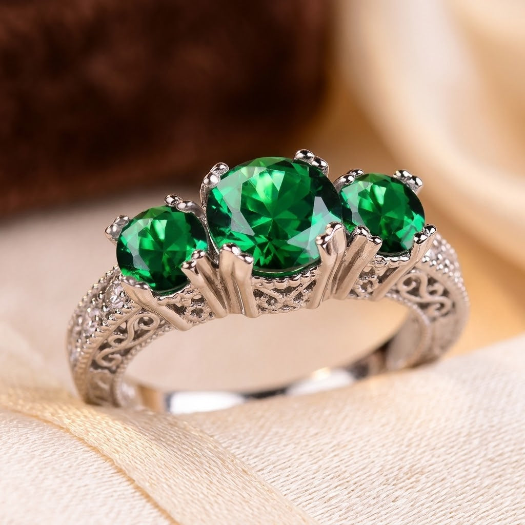 Emerald and Silver Three-Stone Ring