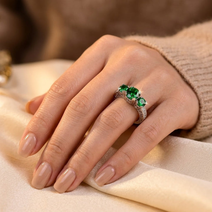 Emerald Three-Stone Ring in Silver