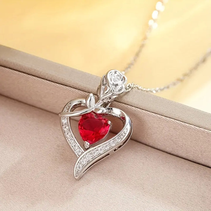 Ruby Heart Pendant on Silver Necklace