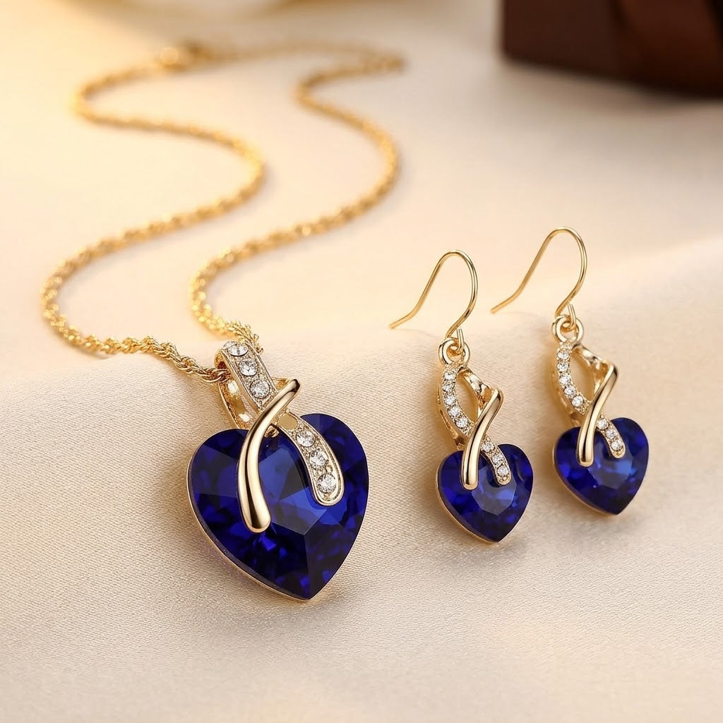 Gold Sapphire Heart Necklace and Earring Set