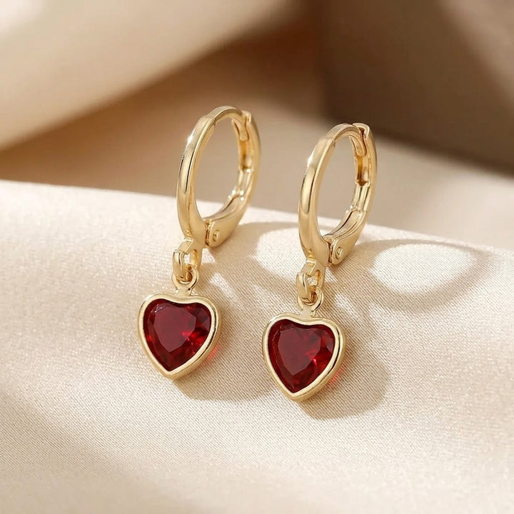 Ruby Heart Drop Earrings in Gold