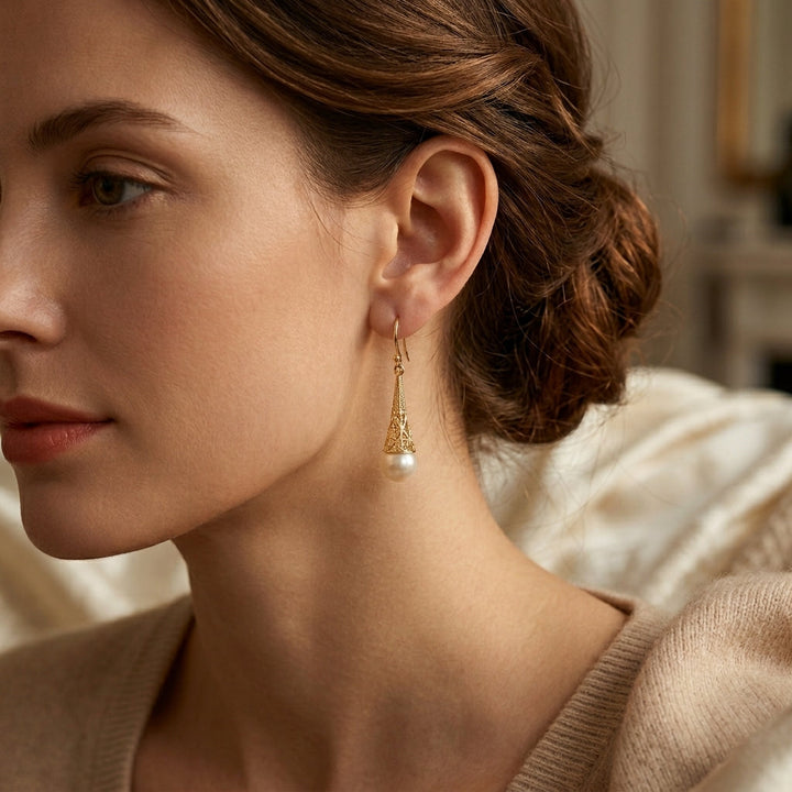 Sophisticated Pearl Dangle Earrings Featuring Intricate Gold Filigree Design