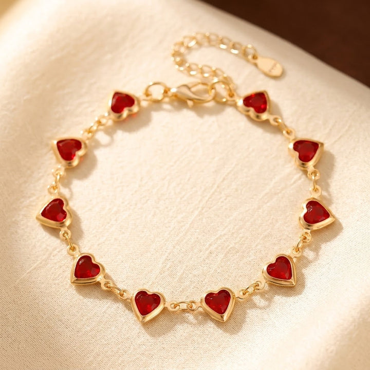 Ruby Heart Link Bracelet in Gold