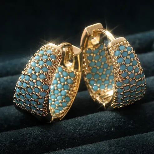 Turquoise Beaded Hoop Earrings in Elegant Gold Tone