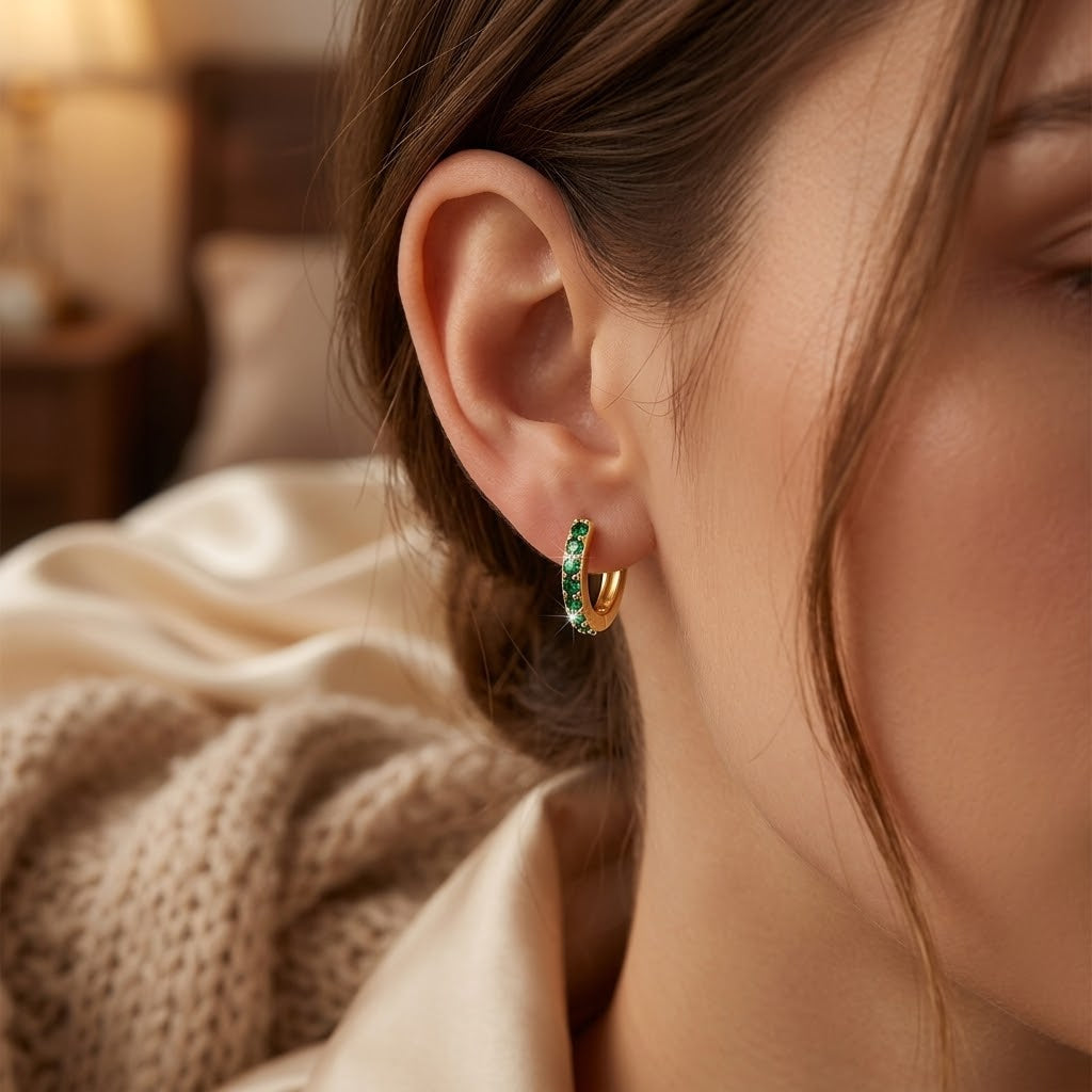 Emerald and Gold Hoop Earrings