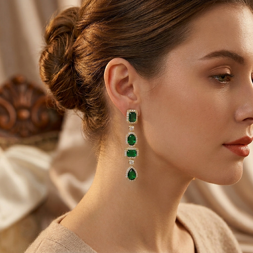 Emerald and Gold Assorted Shape Drop Earrings