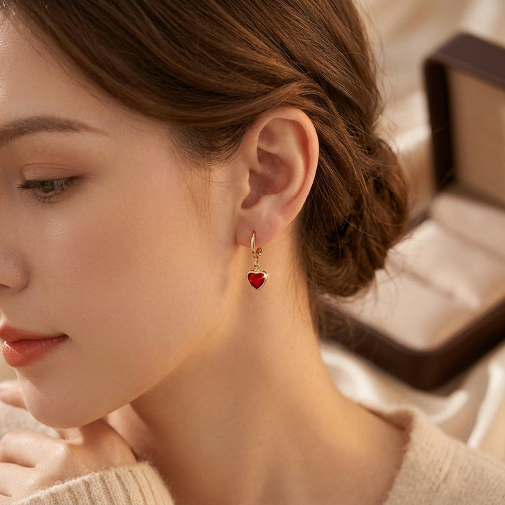 Gold Ruby Heart Dangle Earrings
