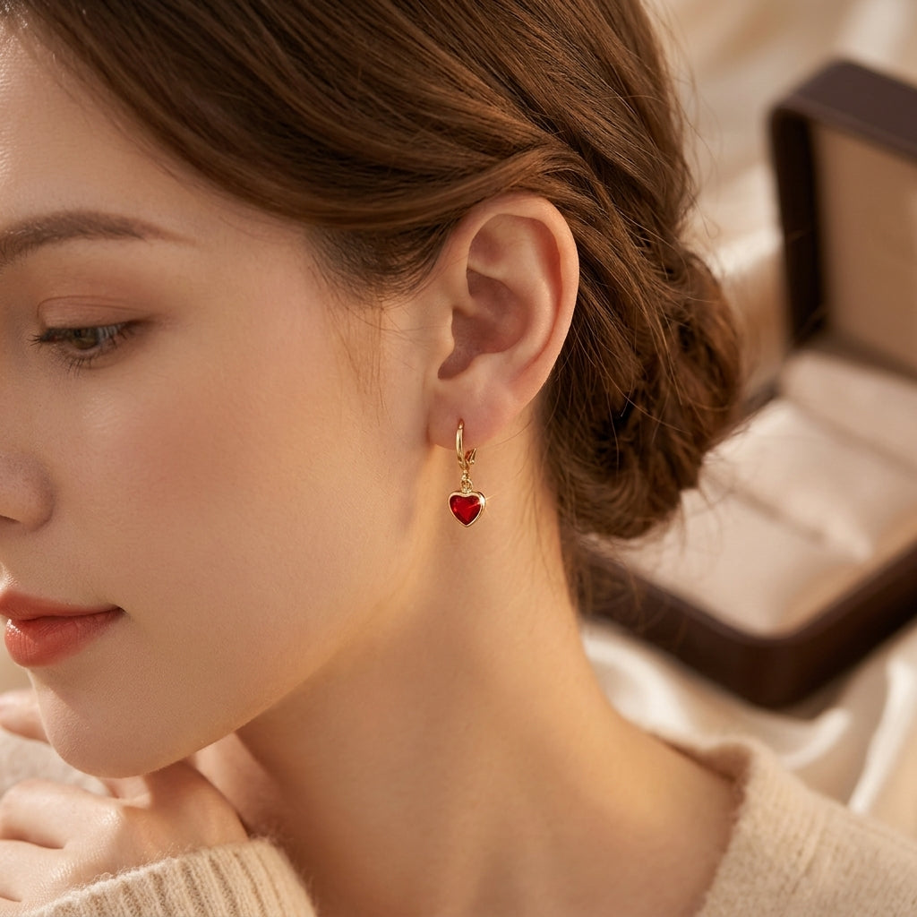 Gold Ruby Heart Dangle Earrings