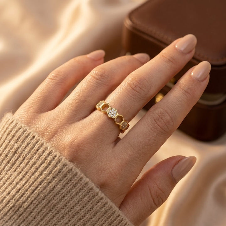 Gold Adjustable Open Ring with Geometric Pattern