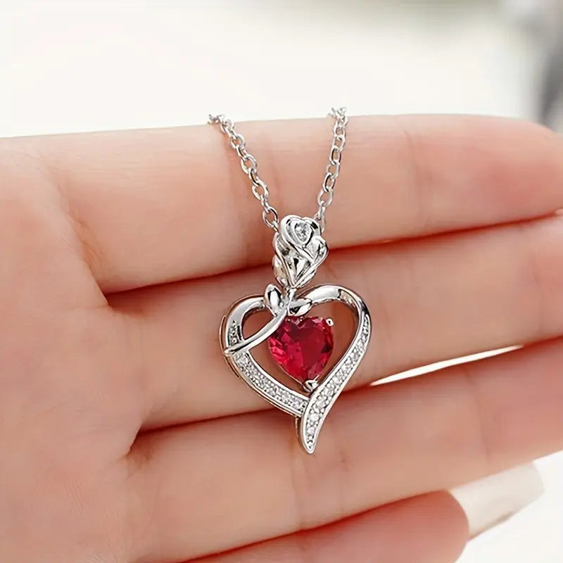 Silver Necklace with Ruby Heart Pendant