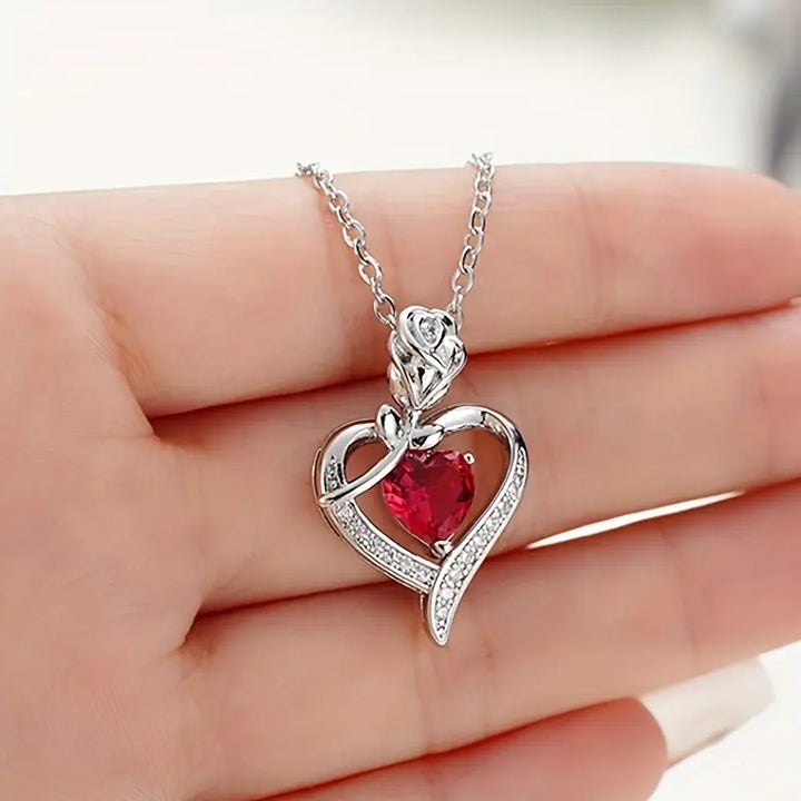 Ruby Heart Pendant on Silver Necklace