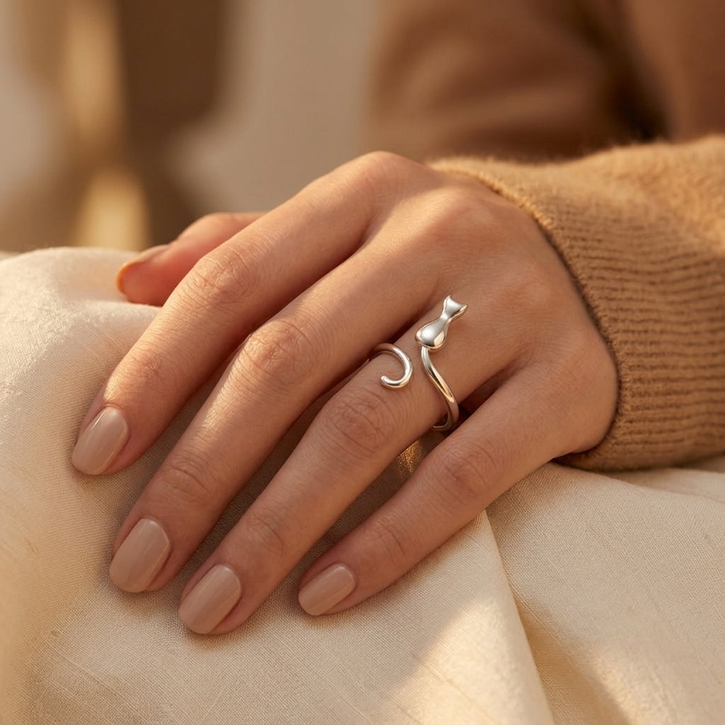 Silver Cat-Inspired Ring