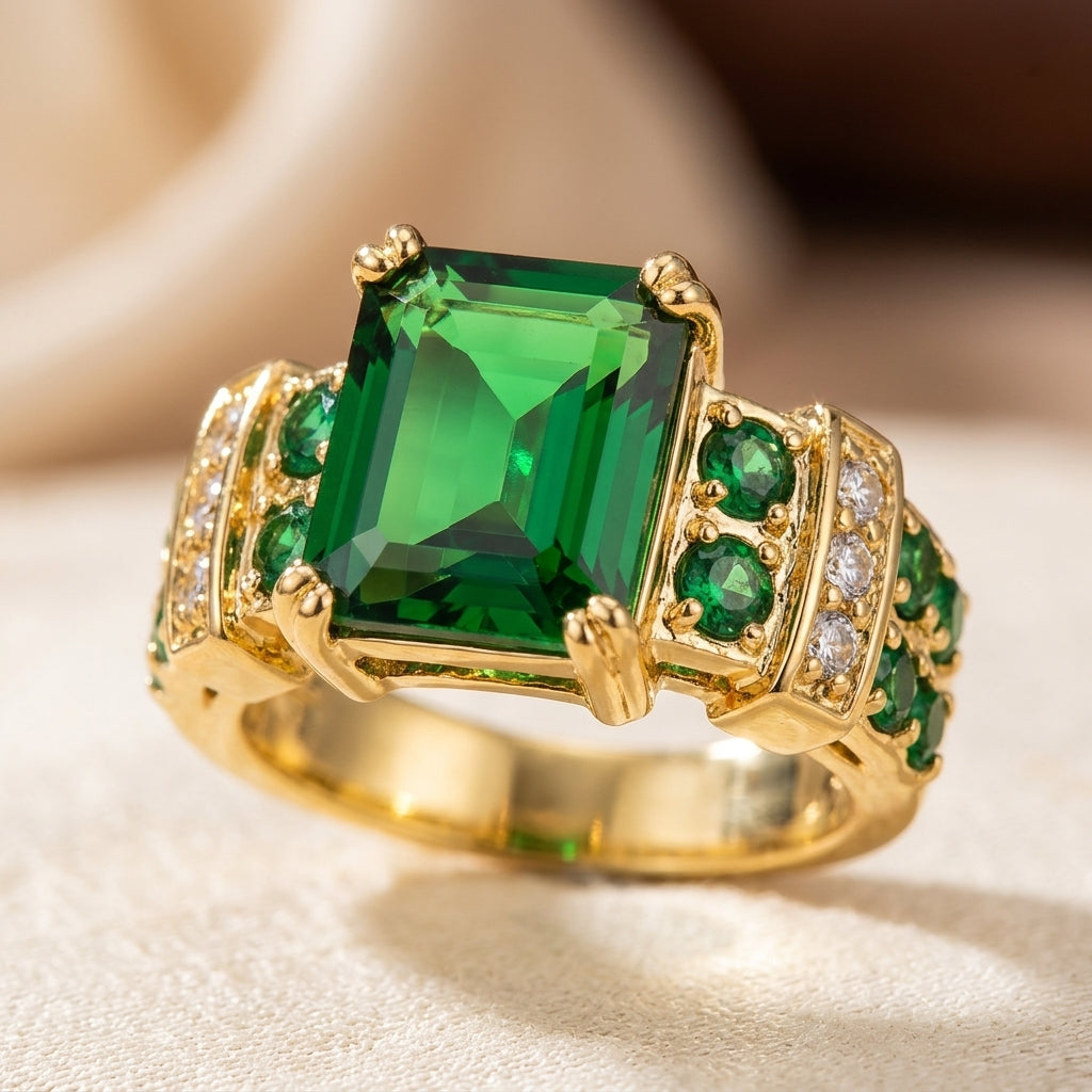 Emerald-Accented Geometric Ring with Gold Highlights