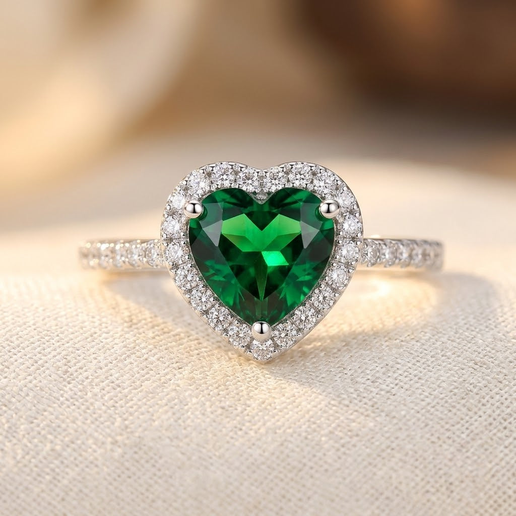 Emerald-Embellished Silver Heart Halo Ring