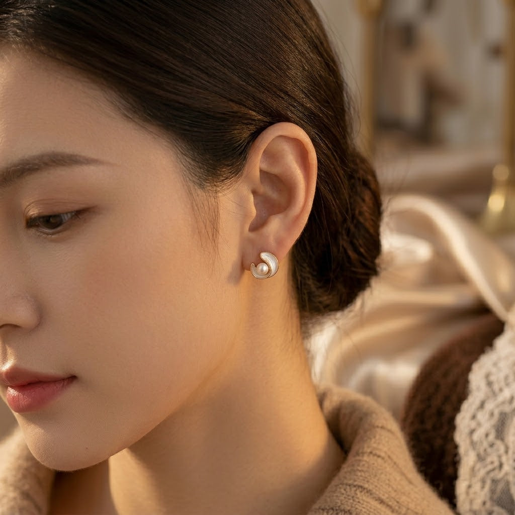 Gold Swirl Pearl Stud Earrings