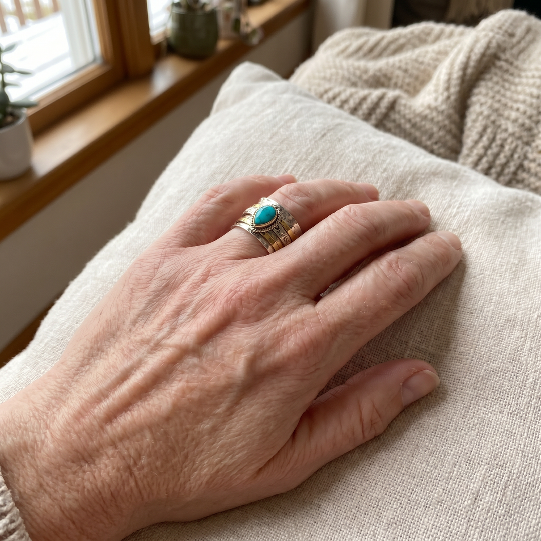 Antique Turquoise Inlaid Gold and Silver Ring