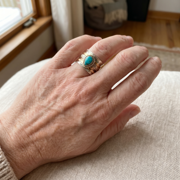 Vintage Turquoise Inlaid Gold and Silver Ring