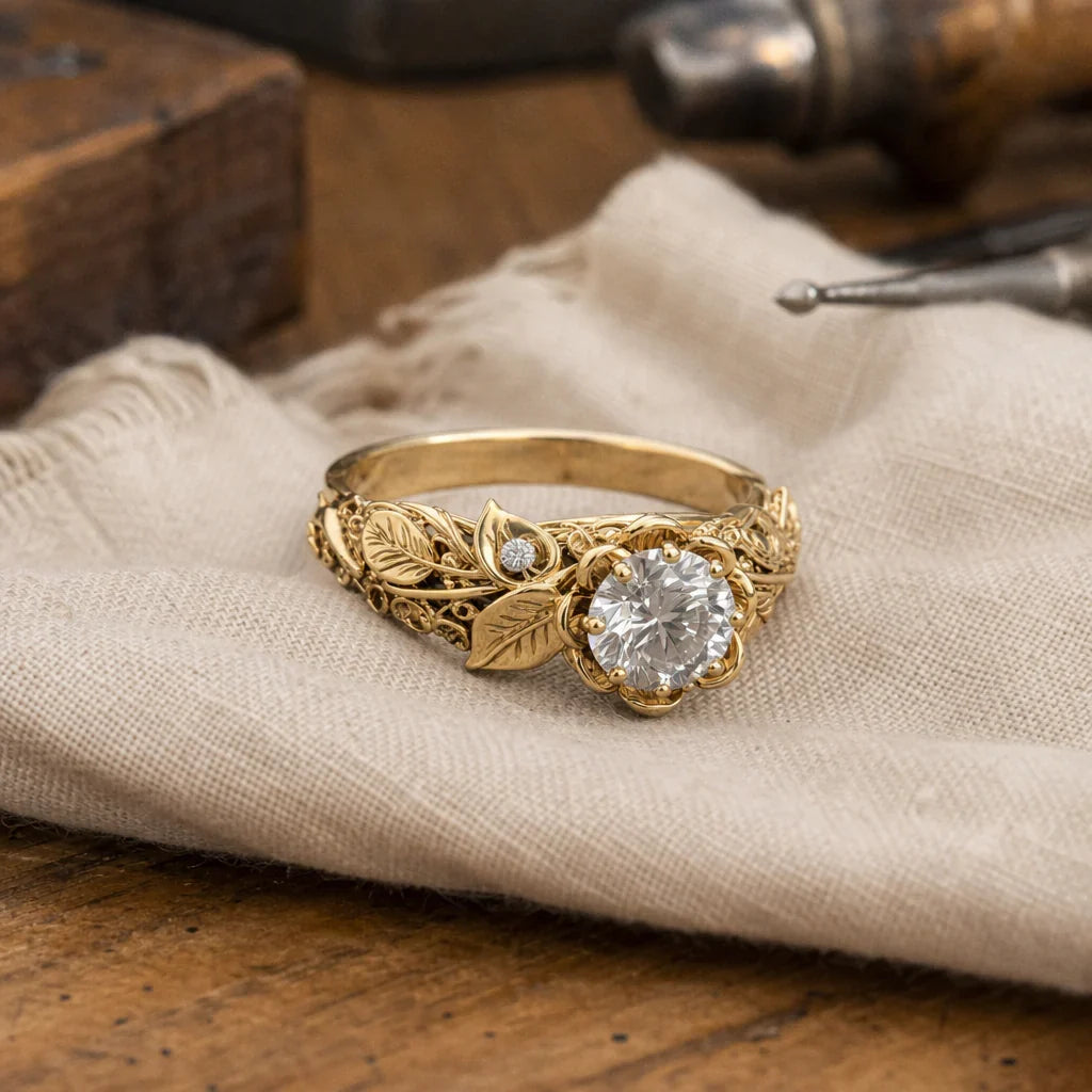 Zirconia Ring with Gold Leaf Accent