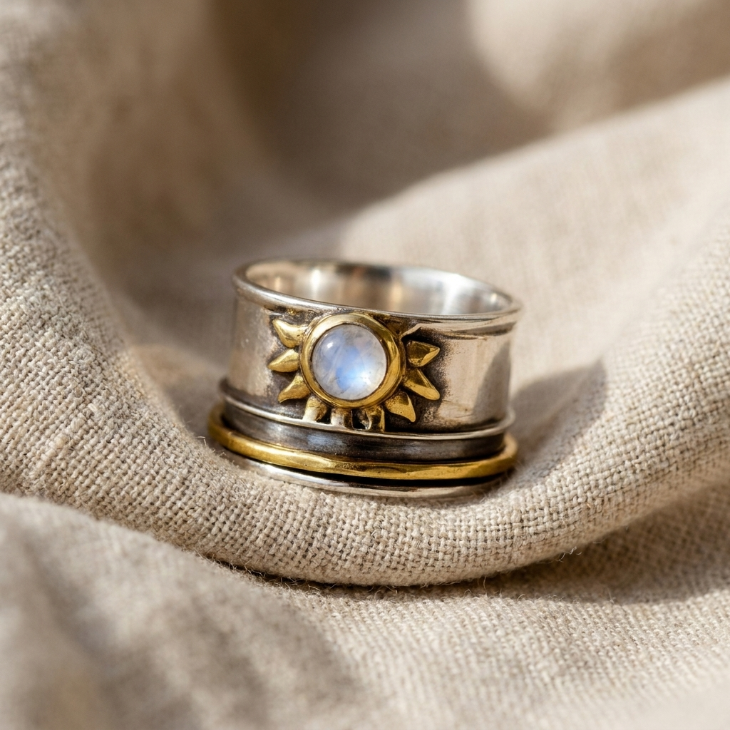Two-Tone Sun Moonstone Ring with a Wide Silver and Gold Band