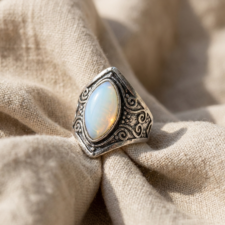 Vintage-Style Teardrop Moonstone Ring with a Detailed Silver Band