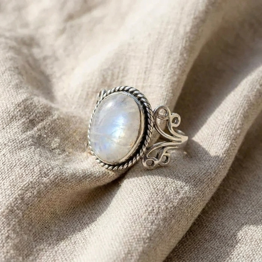 Oval Moonstone Ring with Scroll Band Design