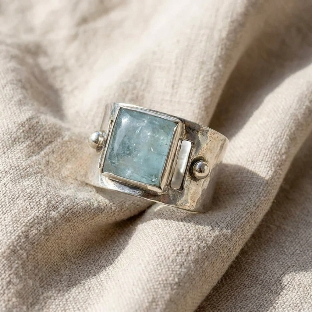 Vintage Square Moonstone Ring with Emerald Accents