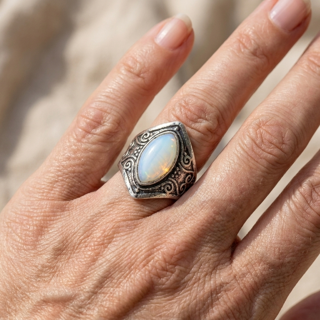 Vintage-Style Teardrop Moonstone Ring with a Detailed Silver Band
