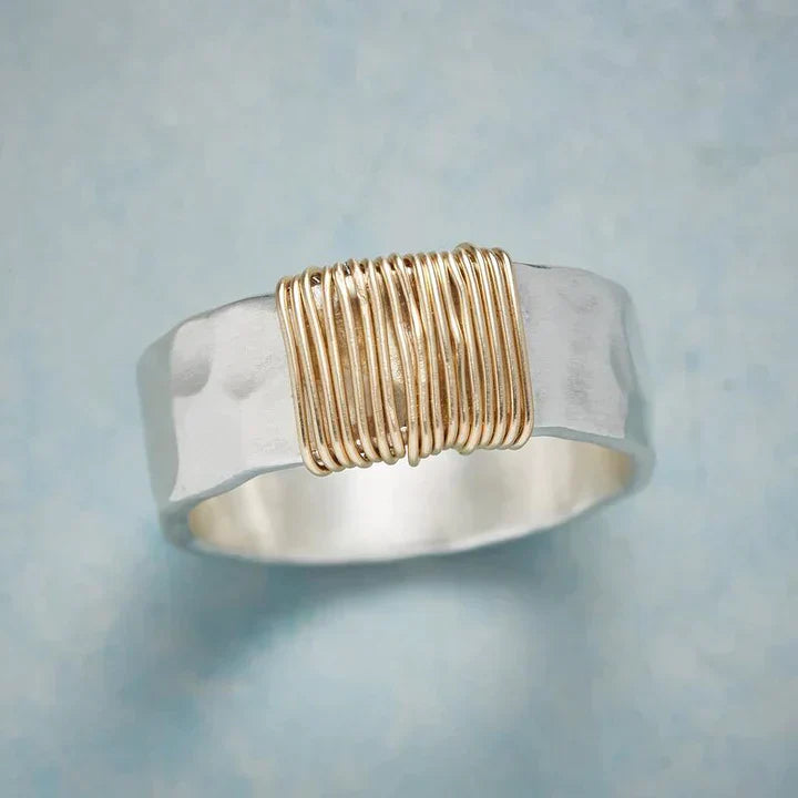 Retro Silver Ring with Golden Thread Accents