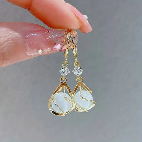 Antique White Opal Drop Earrings with Golden Accents