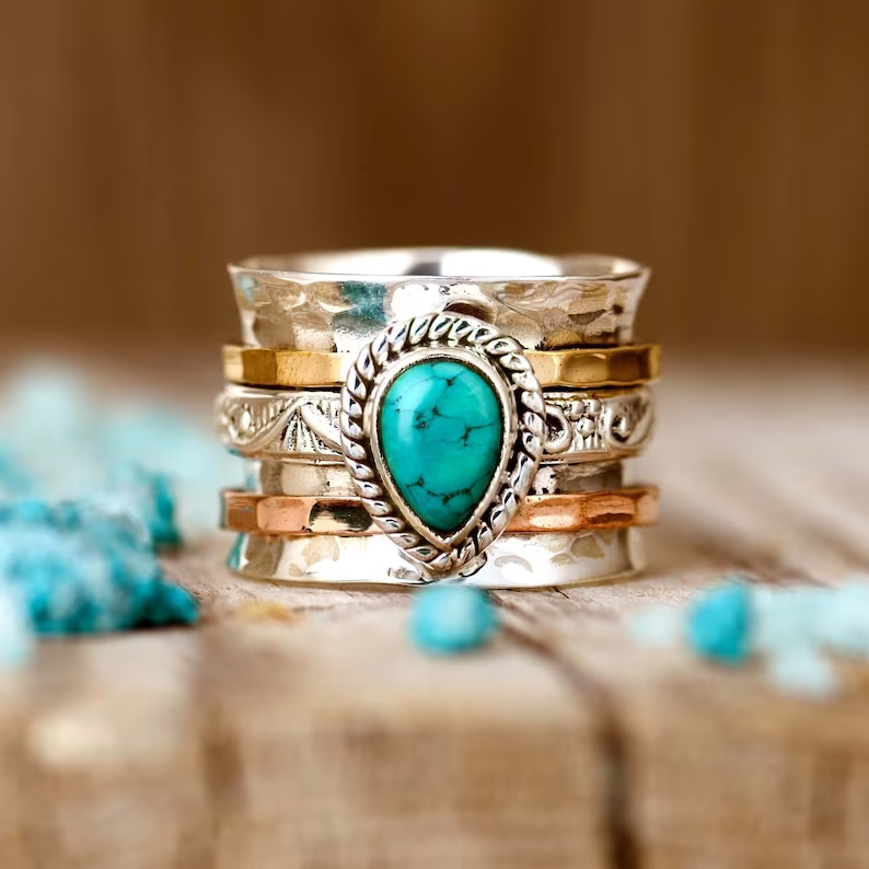 Antique Turquoise Inlay Gold and Silver Ring