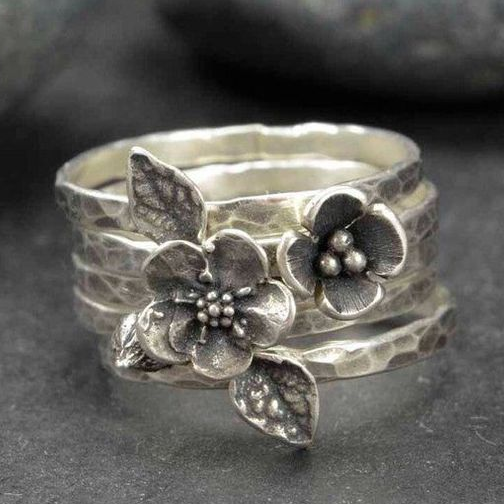 Vintage Floral Silver Stacked Ring