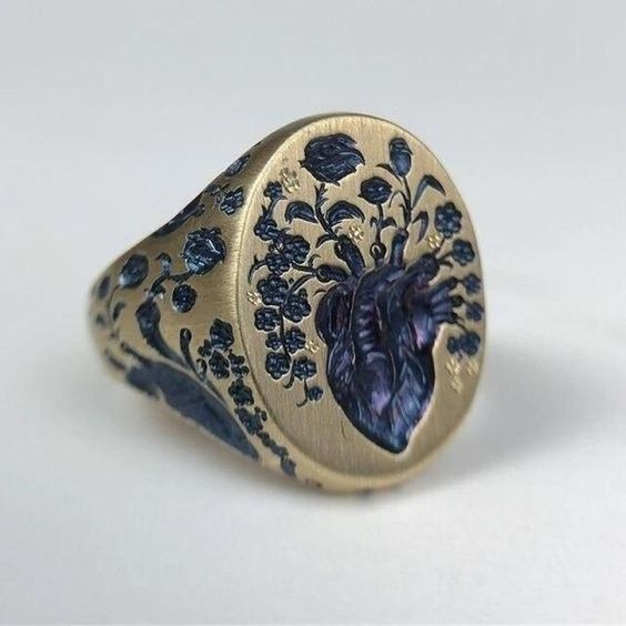 Antique Gold Ring Featuring Blue Floral Motif