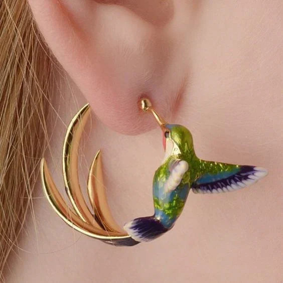 Vintage-Inspired Enamel Hummingbird Hoop Earrings