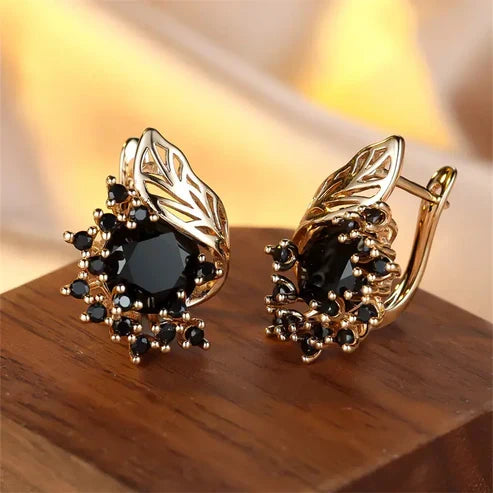 Golden Earrings with Black Zirconia
